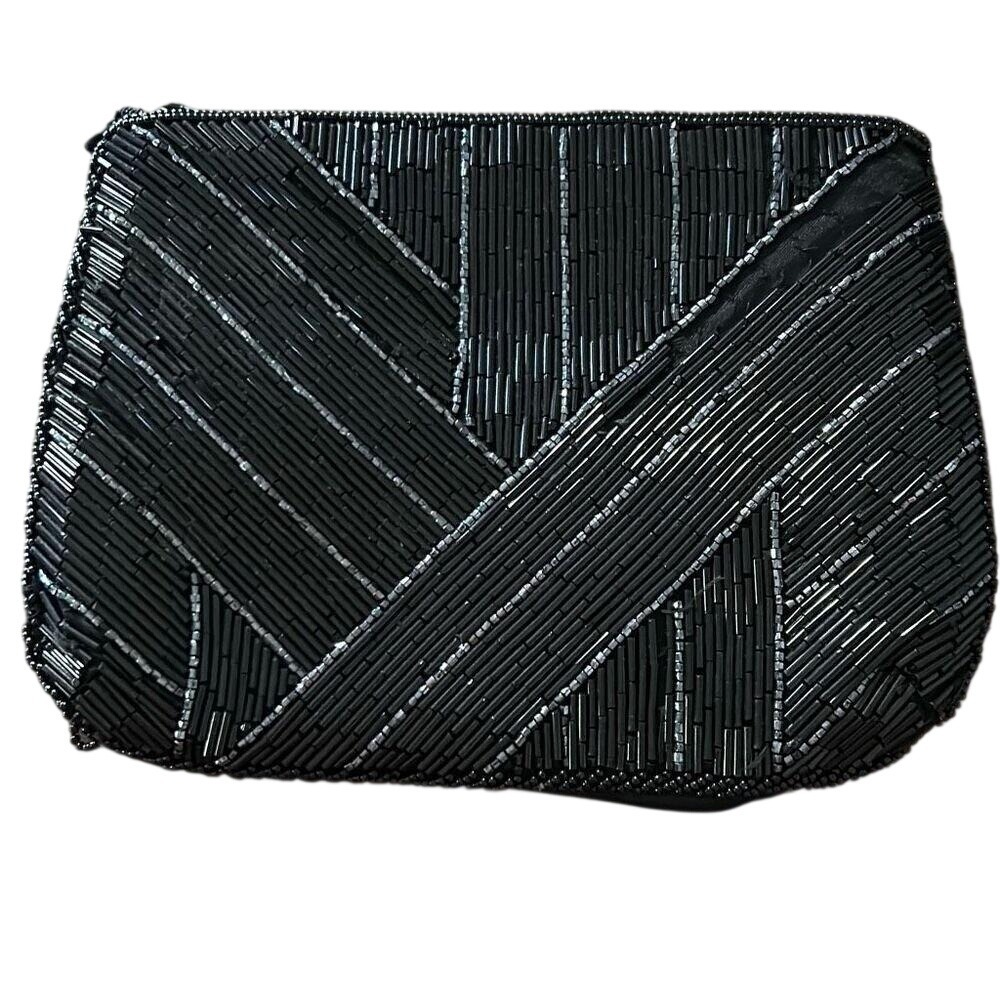 80s Beaded Black Bag,‎ Vintage Glam Deco "Genie" Evening Clutch.